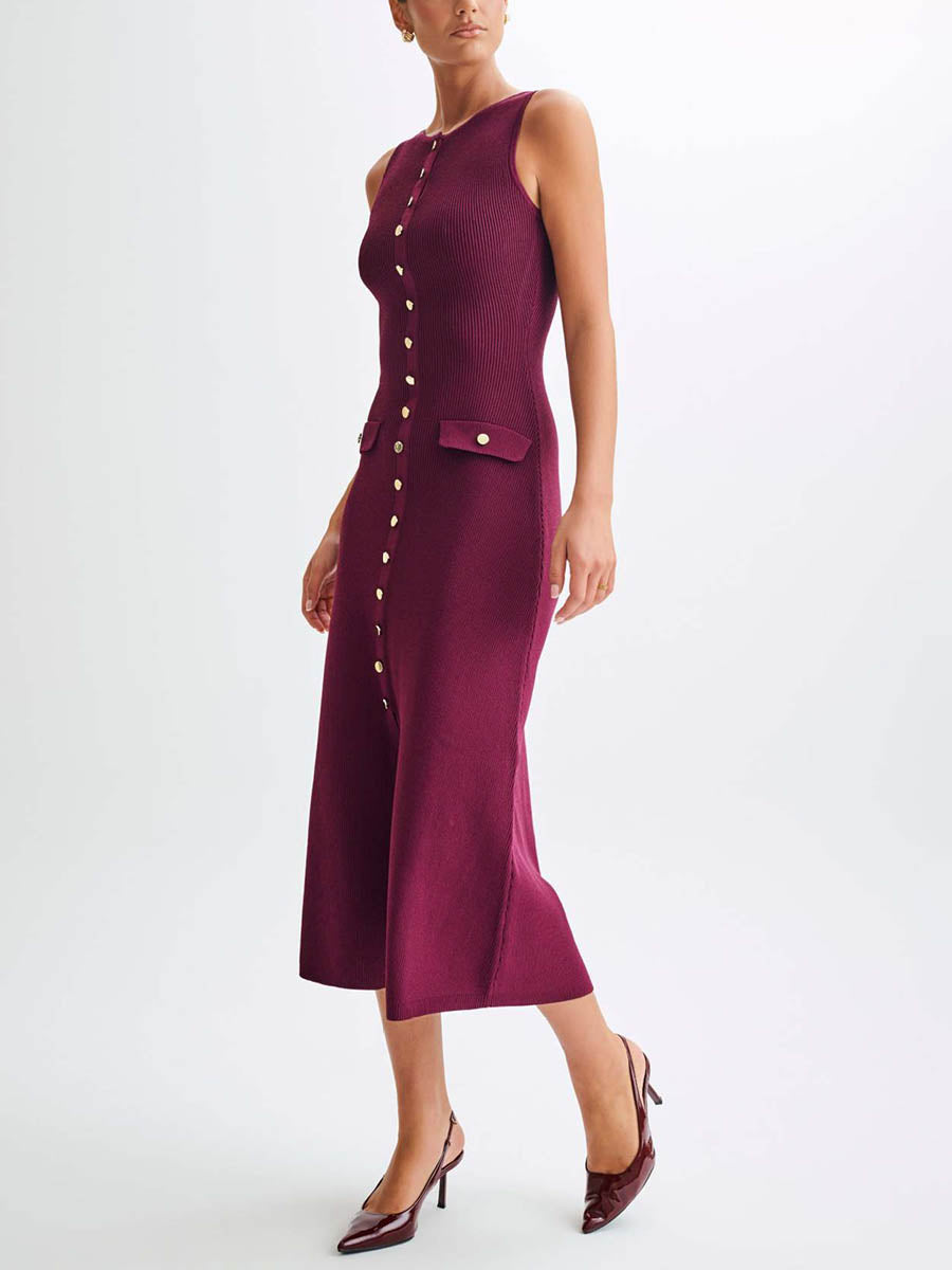 Solid Color Buttoned Sleeveless Bodycon Round-neck Midi Dresses