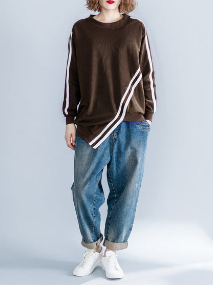 Cropped Long Sleeves Striped Round-Neck Hoodies&Sweatshirt