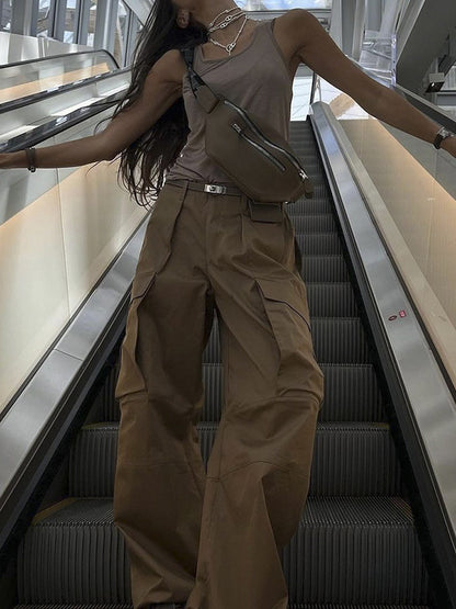 Loose Wide Leg Buttoned Pockets Solid Color Split-Joint Pants Trousers