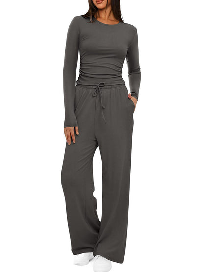 Solid Color Pleated Round-Neck T-Shirts Tops +  Elasticated Waist High Waisted Drawstring Pants Two Pieces Set