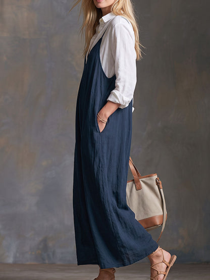 Solid Color Pockets Wide Leg Sleeveless Spaghetti-Neck Jumpsuits