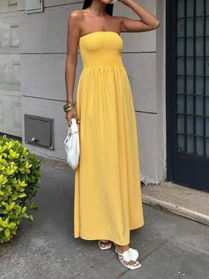 A-Line High Waisted Pleated Solid Color Split-Joint Tube Midi Dresses