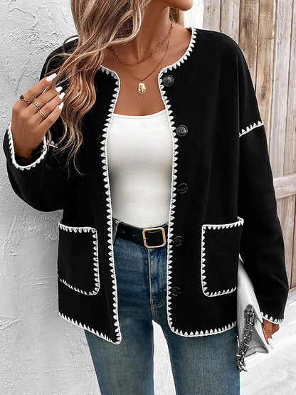 Long Sleeves Loose Buttoned Contrast Color Pockets Split-Joint Round-Neck Cardigan Tops