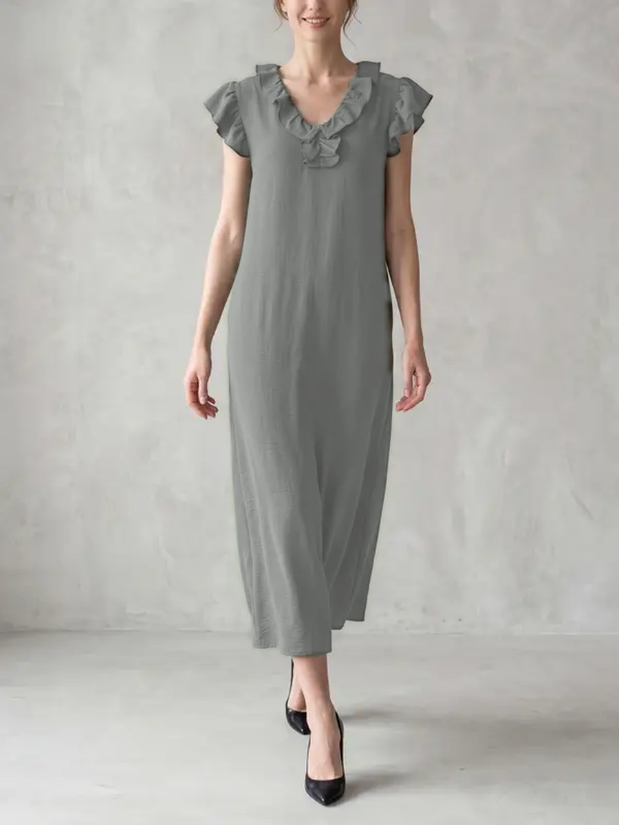 Loose Plus Size Pockets Ruffle Trim Solid Color V-Neck Maxi Dresses
