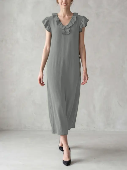 Loose Plus Size Pockets Ruffle Trim Solid Color V-Neck Maxi Dresses