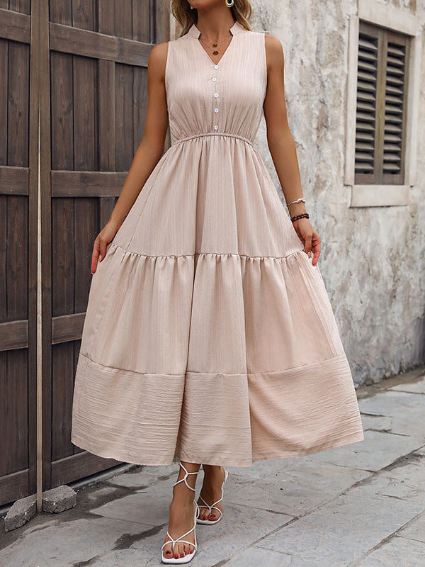 A-line High Waisted Buttoned Elasticity Pleated Split-Joint V-neck Midi Dresses