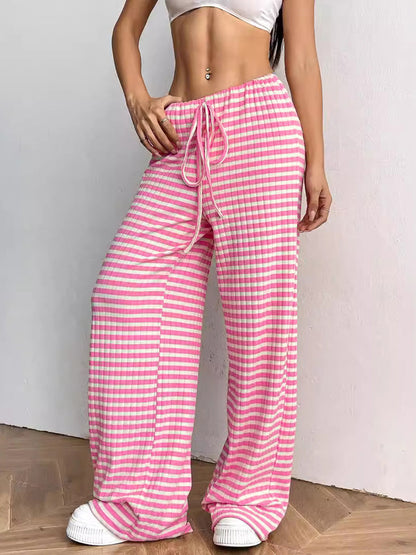Elasticated Waist High Waisted Contrast Color Drawstring Split-Joint Striped Pants