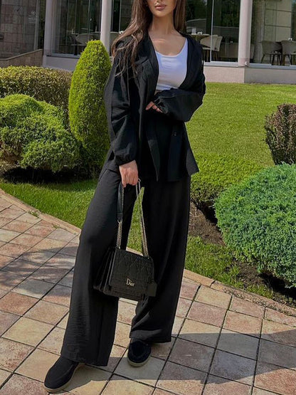 Solid Color Long Sleeves Hooded Split-Side Collarless Shirts Top   High Waisted Pants Bottom Two Pieces Set