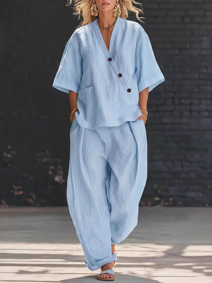 Loose Solid Color V-Neck Asymmetric Buttoned Blouses&Shirts Tops + High Waisted Pockets Pants Trousers Two Pieces Set
