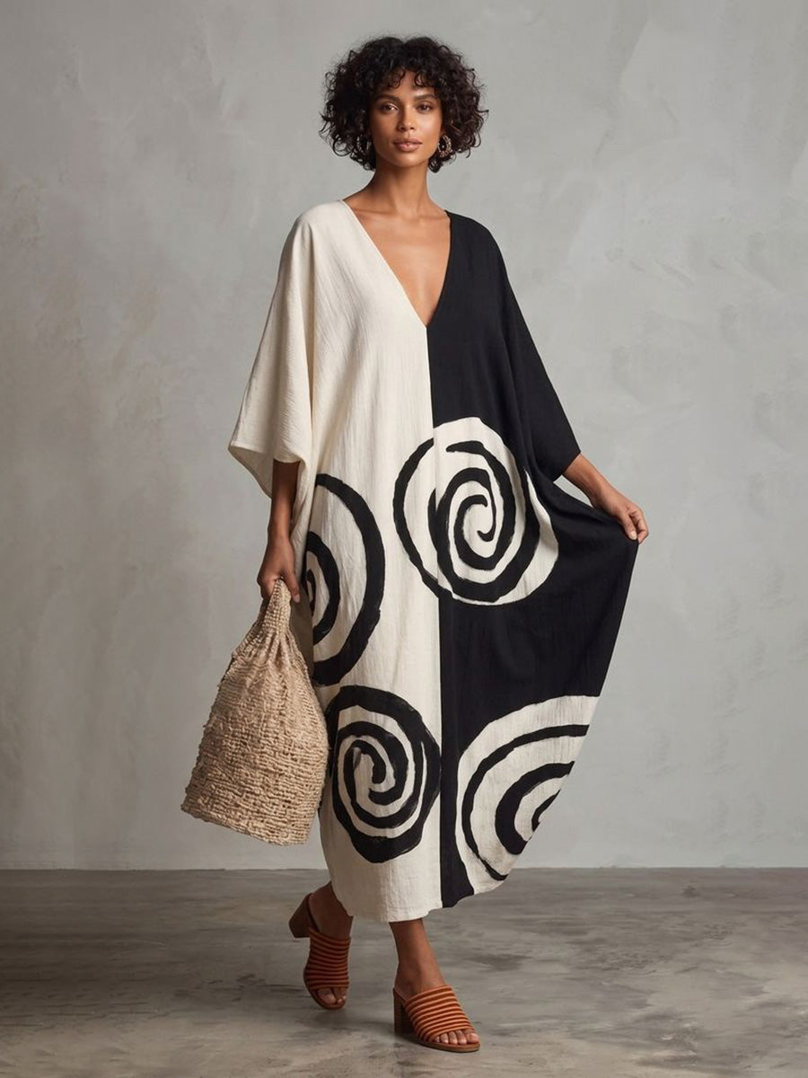 Printed Contrast Color Three-quarter Sleeves Loose Deep V-Neck Midi Dresses