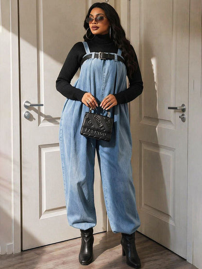 Solid Color Elasticity Belted Wide Leg Sleeveless Spaghetti-Neck Overalls