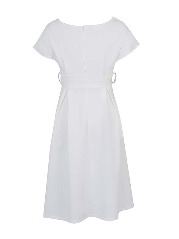 Bowknot Lace-Up Solid Color V-Neck Midi Dresses