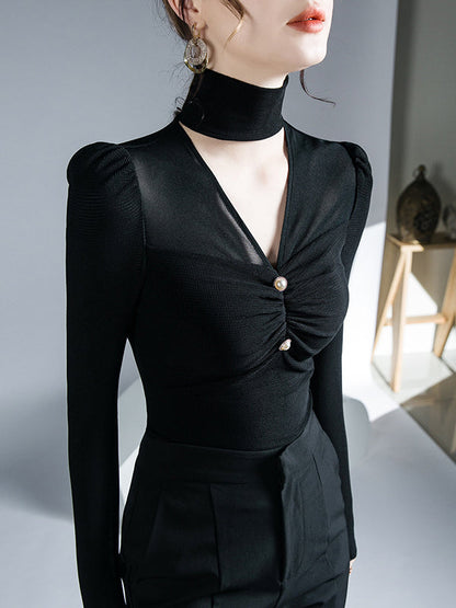 Long Sleeves Skinny Mesh Pleated Solid Color V-Neck T-Shirts Tops