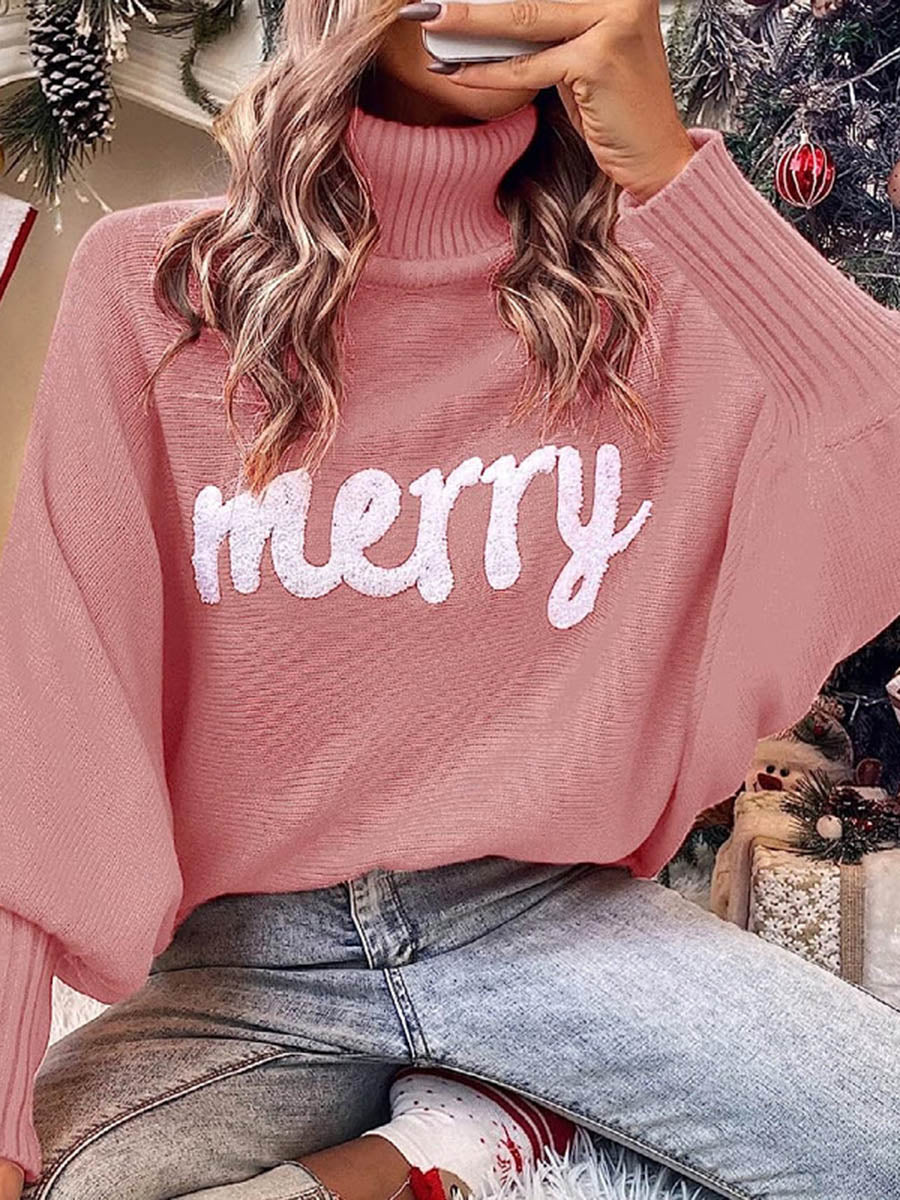 Long Sleeves Loose Contrast Color Printed Split-Joint High Neck Sweater Tops