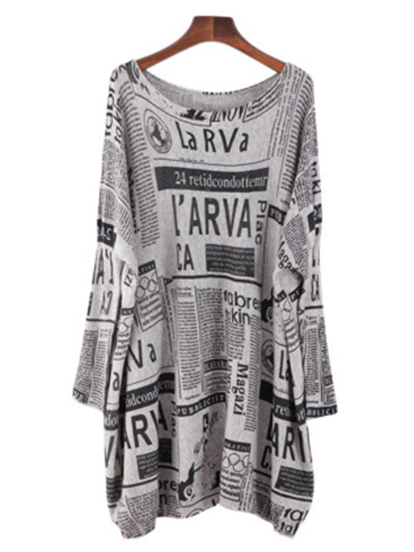 Vintage Loose One-Shoulder Newspaper Printed Split-Joint Sweater