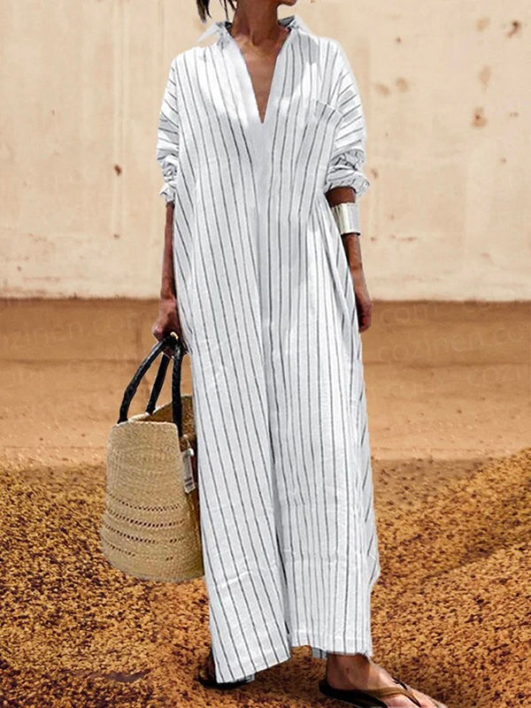 Long Sleeves Striped Lapel Maxi Dresses