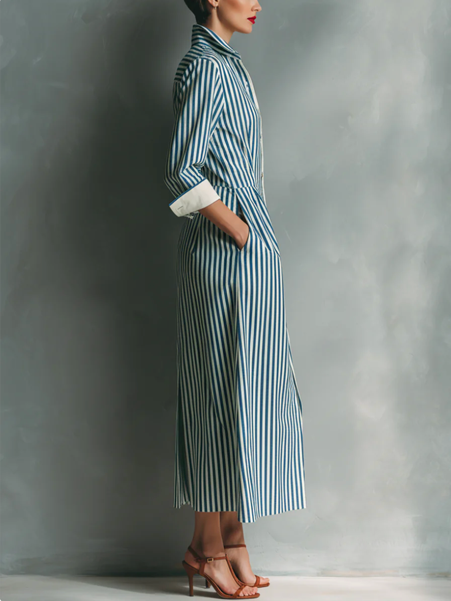 Striped Split-Joint Pockets Contrast Color Buttoned Long Sleeves High Waisted Lapel Midi Dresses