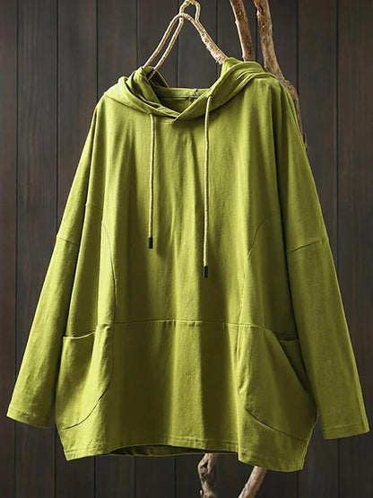 Plus Size Women Casual Pure Color Hooded Cotton Long Sleeve Hoodie