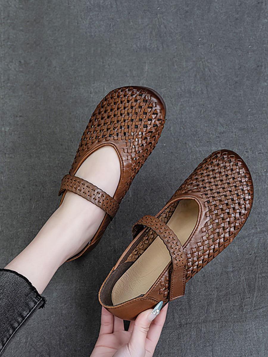 Women Summer Leather Hollow Out Low Heel Shoes