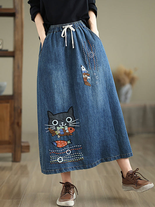Women Spring Artsy Cat Fish Embroidery Denim Skirt