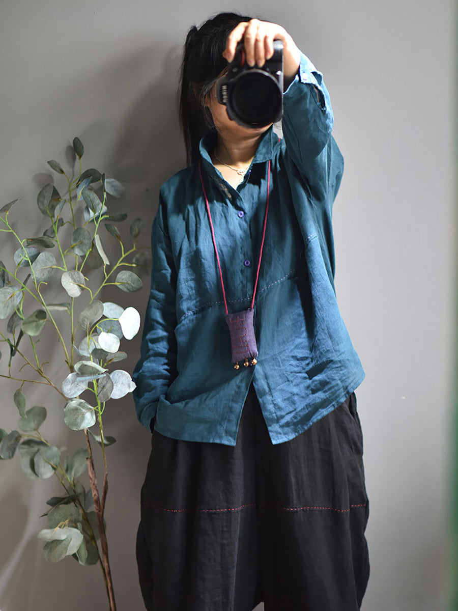 Plus Size Women Casual Solid Spring Stitching Linen Shirt