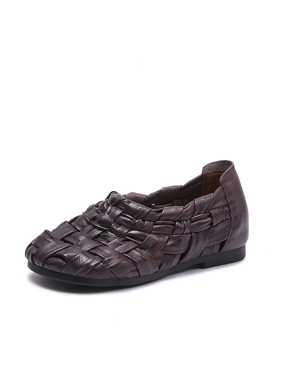 Women Summer Casual Leather Weave Low Heel Shoes