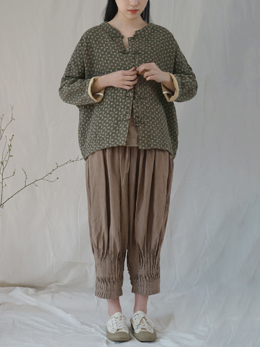 Plus Size Women Ethnic Autumn Floral Button-up Cotton Coat