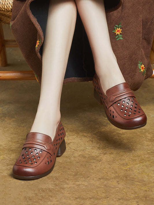 Women Summer Leather Hollow Out Mid Heel Shoes