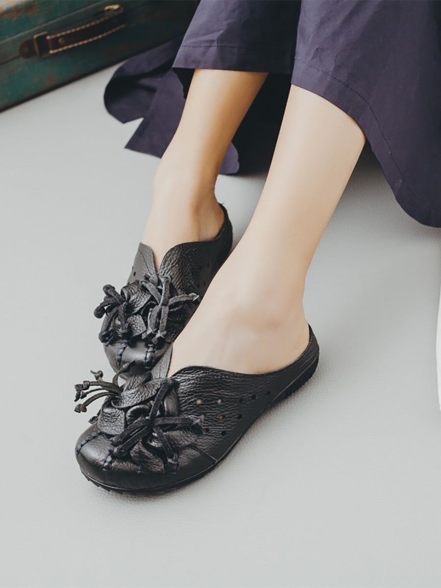 Women Vintage Leather Flower Low Heel Slippers