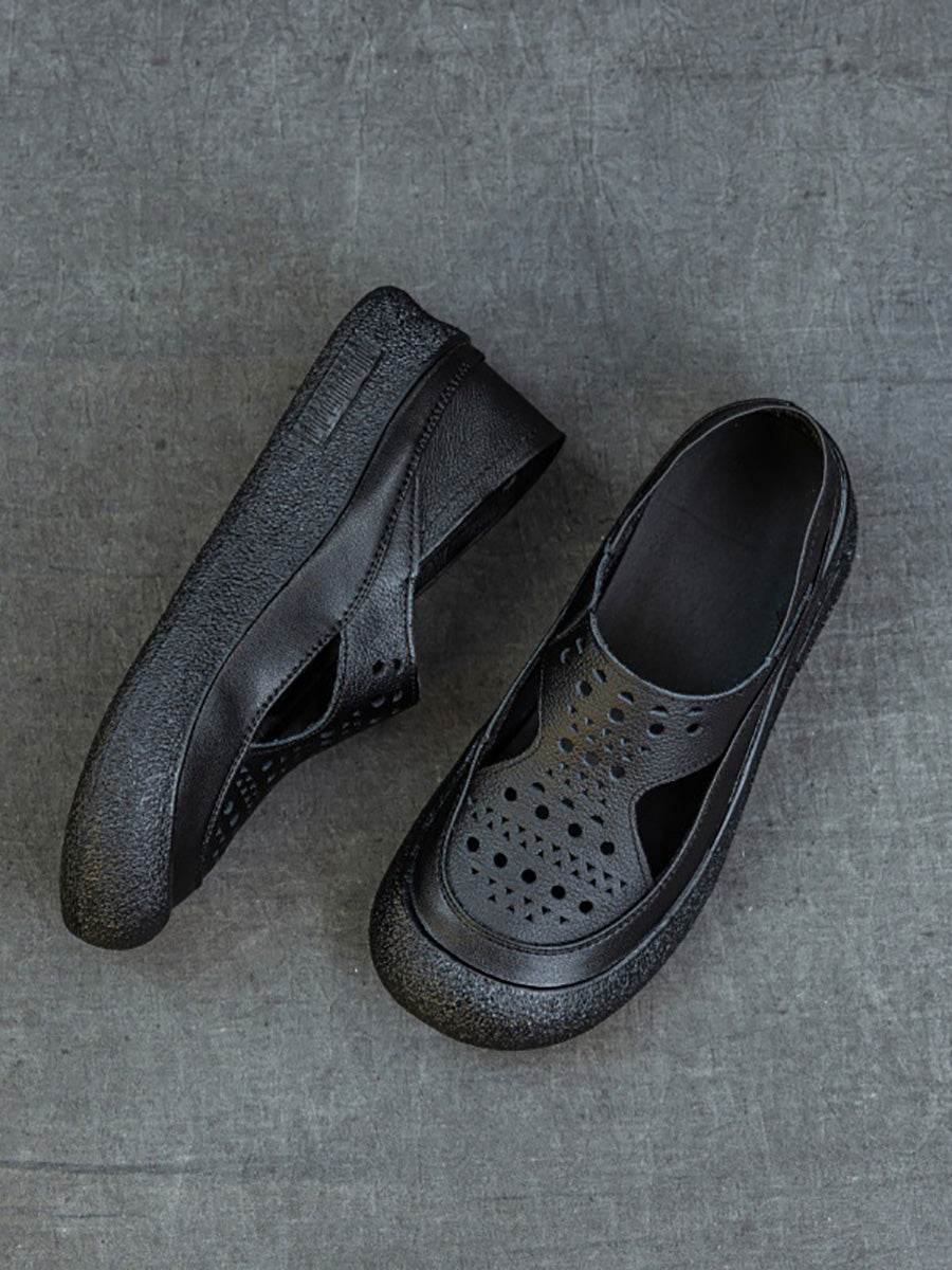 Women Summer Casual Hollow Out Leather Flat Shoes