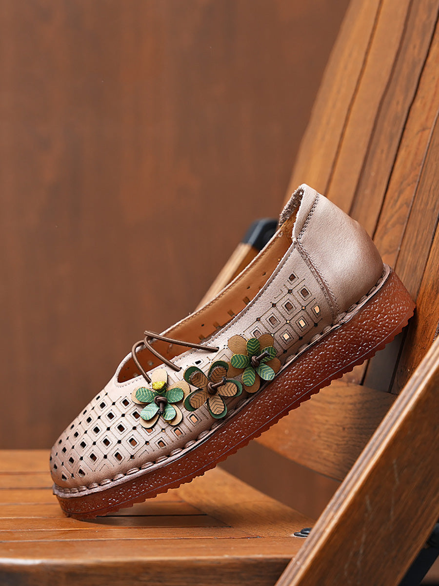 Women Summer Leather Flower Spliced Low Heel Shoes