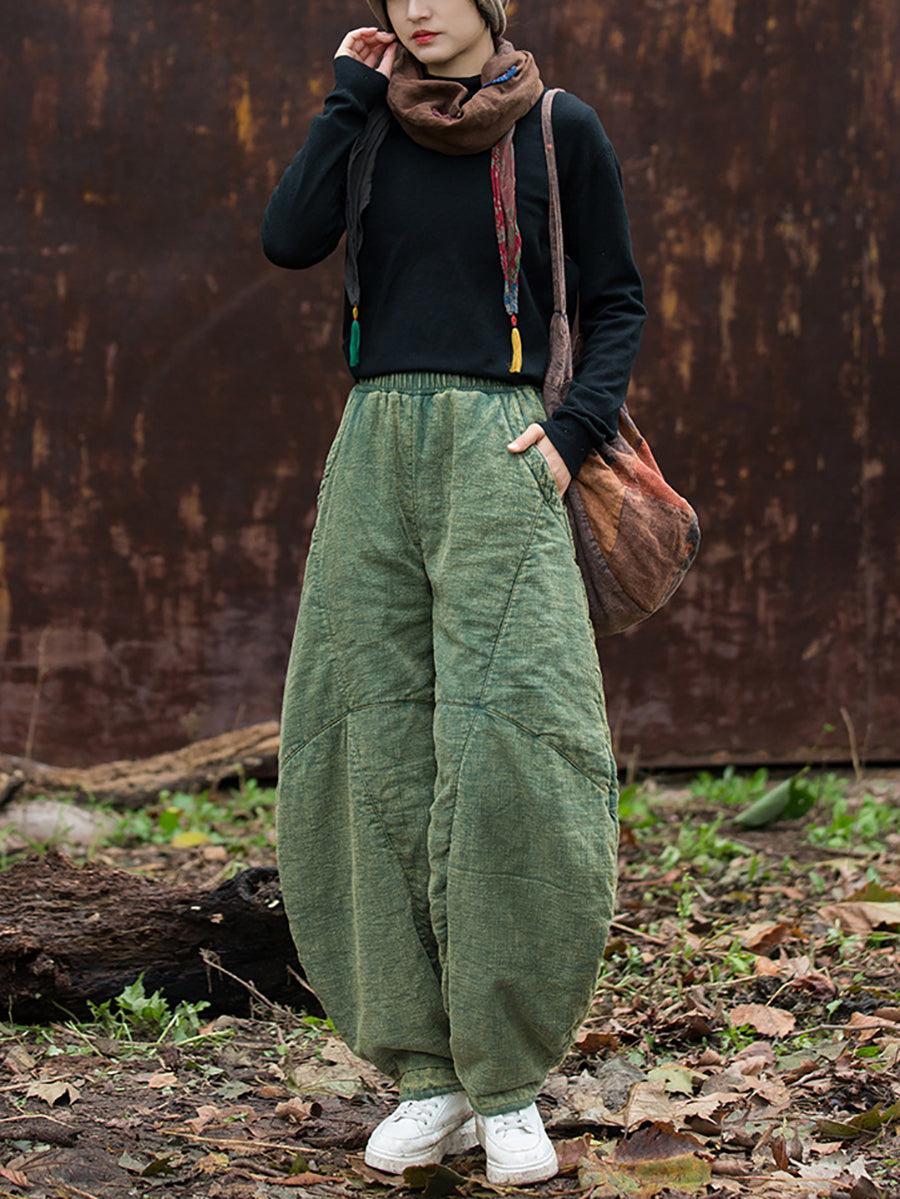 Women Vintage Autumn Solid Spliced Padded Harem Pants