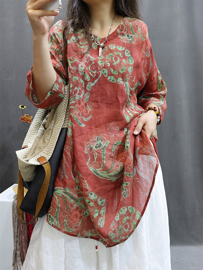 Plus Size Women Summer Vintage Flower Ramie Blouse M-4XL