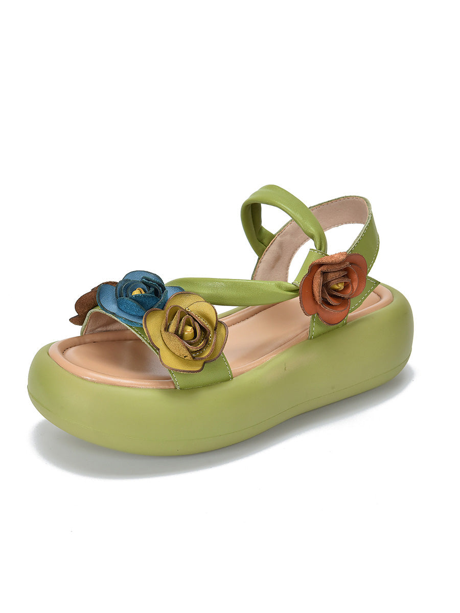 Women Vintage Leather FLower Platform Sandals