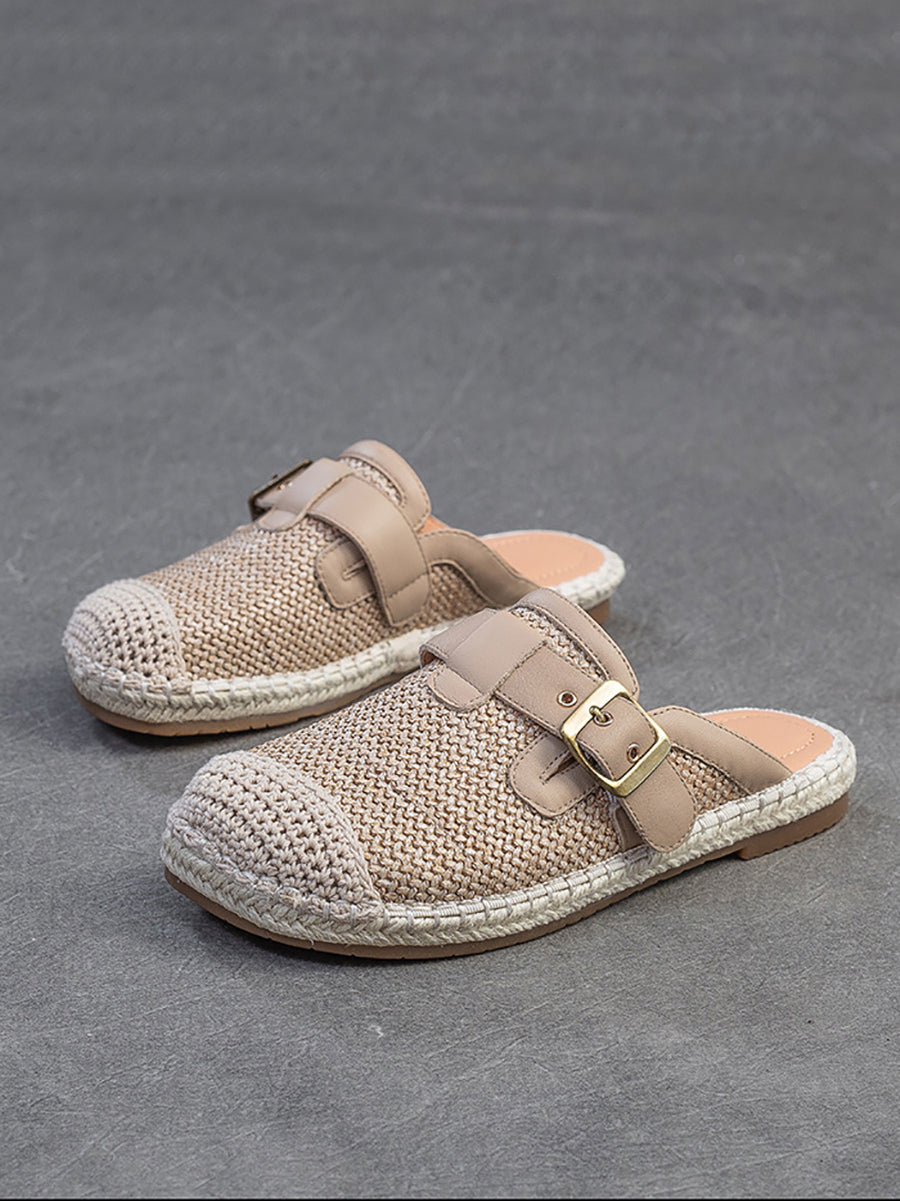 Women Summer Weave Leather Spliced Slippers