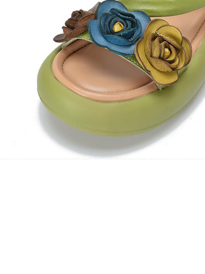 Women Vintage Leather FLower Platform Sandals