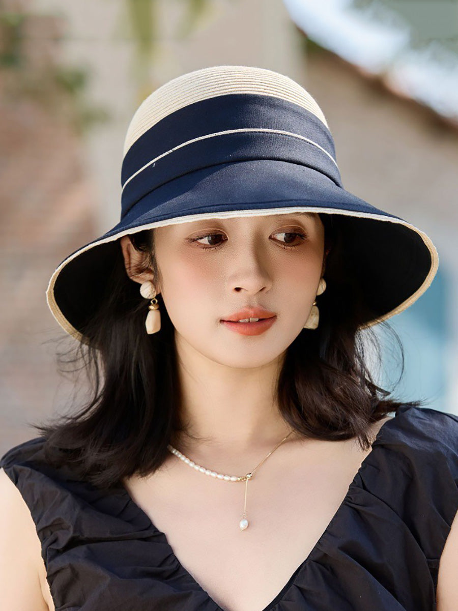 Women Casual Straw Spliced Bowknot Sunproof Hat