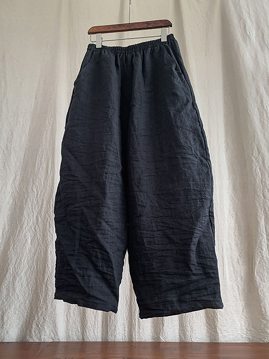 Plus Size Women Linen Pocket Elastic Waist Pure Color Pants