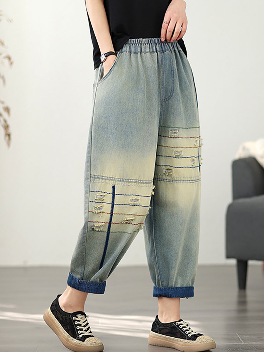 Women Retro Frayed Denim Harem Pants