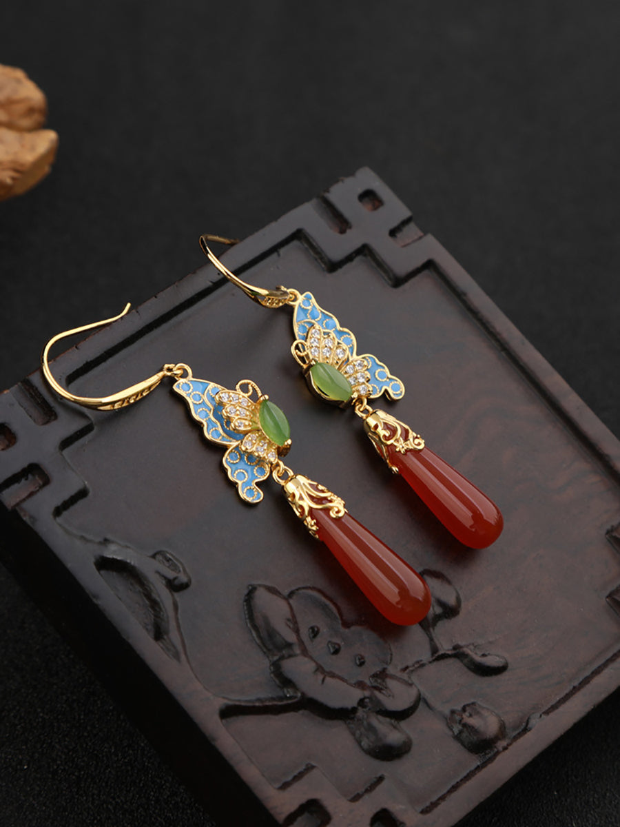 Women Ethnic Jade Enamel Butterfly S925Silver Earrings
