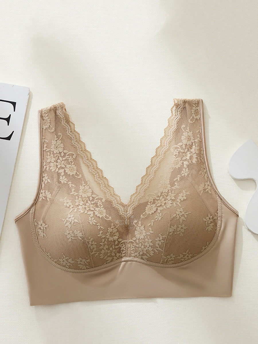 Women Artsy Pure Color Lace Satin Seamless Bra