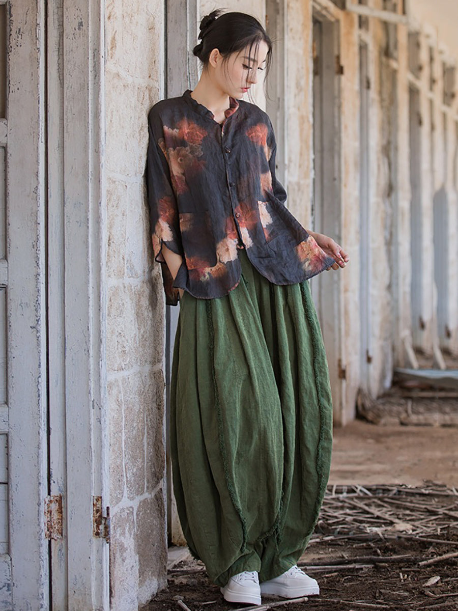 Women Summer Retro Solid Raw-edge Spliced Loose Bloomers