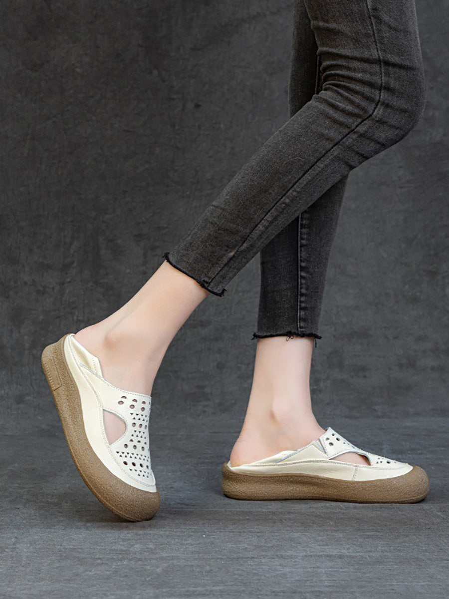 Women Summer Casual Hollow Out Leather Flat Shoes
