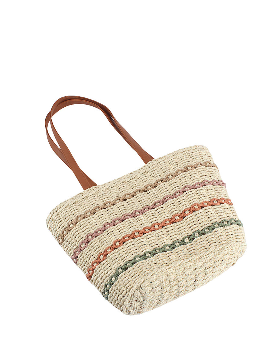 Women Fashion Colorblock Straw Weave Shoulder Bag