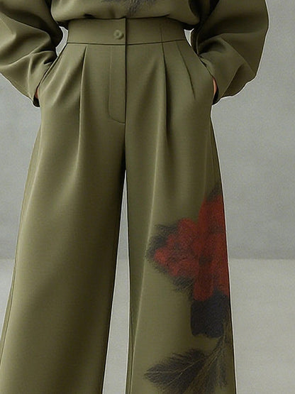 Loose Wide Leg Floral Printed Pleated Split-Joint Pants Trousers