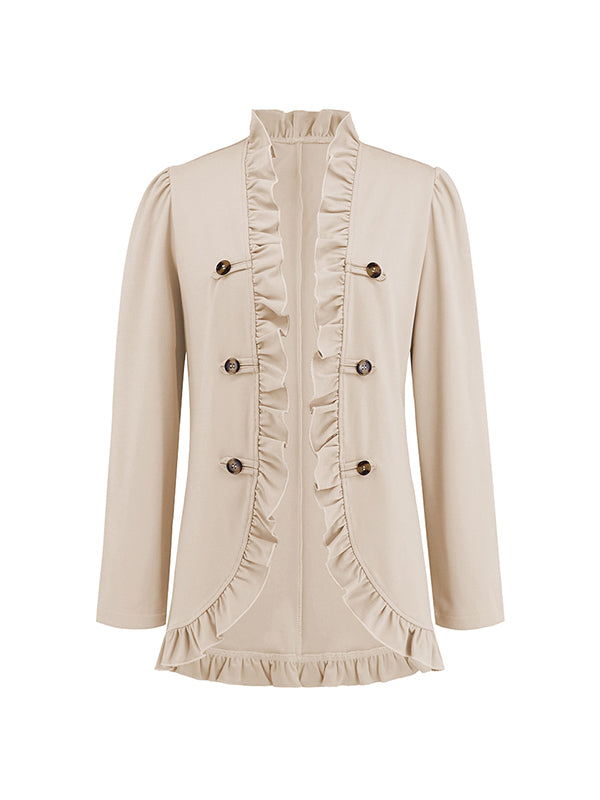 Long Sleeves Loose Buttoned Ruffled Collarless Outerwear