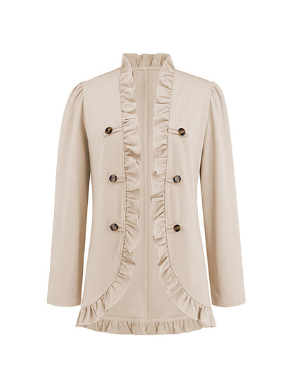 Long Sleeves Loose Buttoned Ruffled Collarless Outerwear