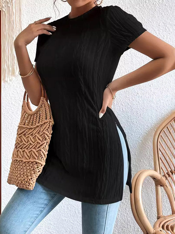Short Sleeves Pleated Solid Color Split-Joint Split-Side Round-Neck T-Shirts