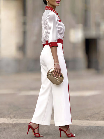 Striped Pockets Elasticity Contrast Color Wide Leg Loose Trousers Pants
