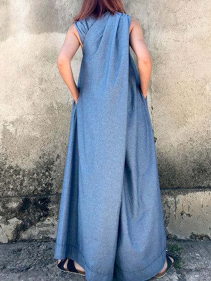 Loose Sleeveless Solid Color Split-Joint V-Neck Jumpsuits